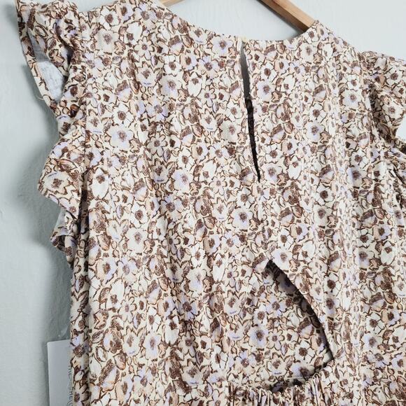 NEW Treasure & Bond Floral Flutter Sleeve Linen Blend Midi Dress Beige - Picture 11 of 11